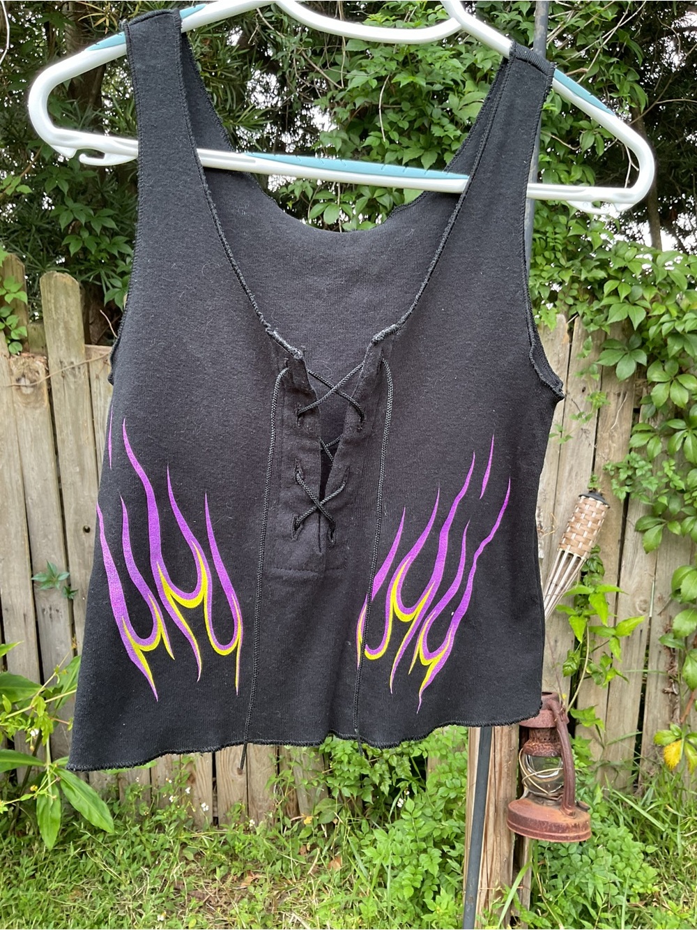 Black Lace-Up Tank Top with Purple & Yellow Flame Print